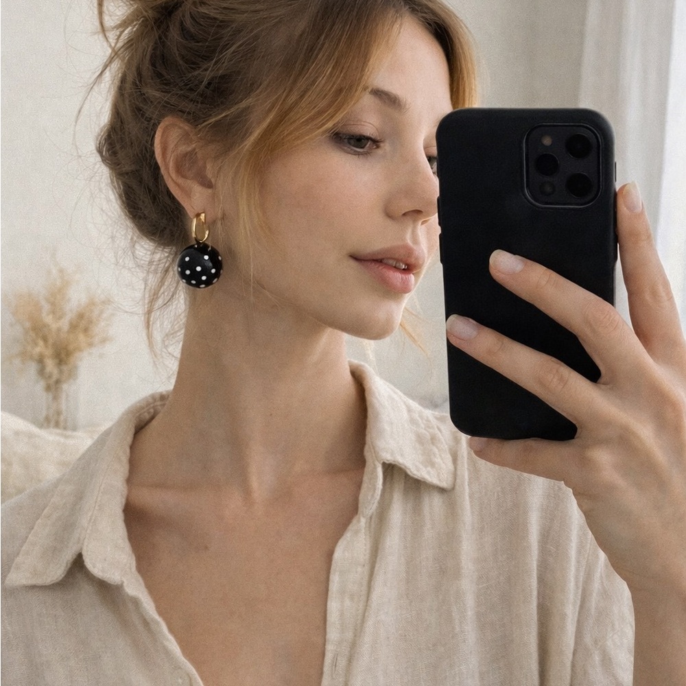 Black Polka Dot Drop Earrings – Gold Hoop – Playful Chic Style